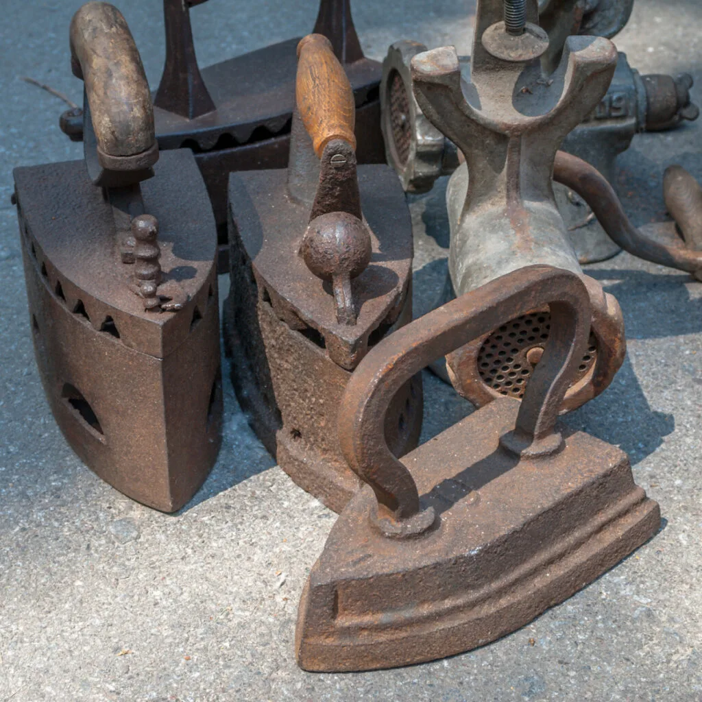Old Sad Irons with Wood, Metal and Cased Handles