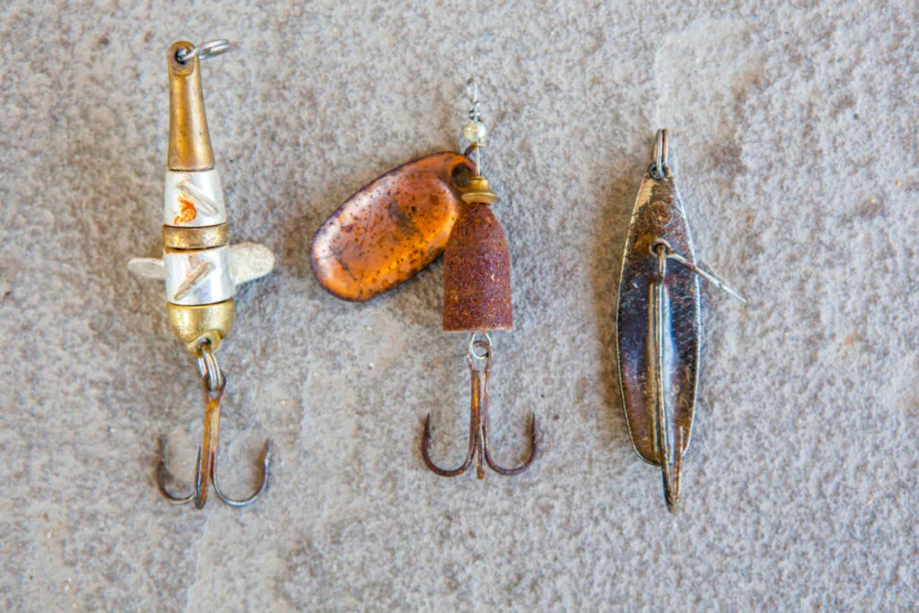 Old & Branded Fishing Lures with Shiny, Metal Bodies
