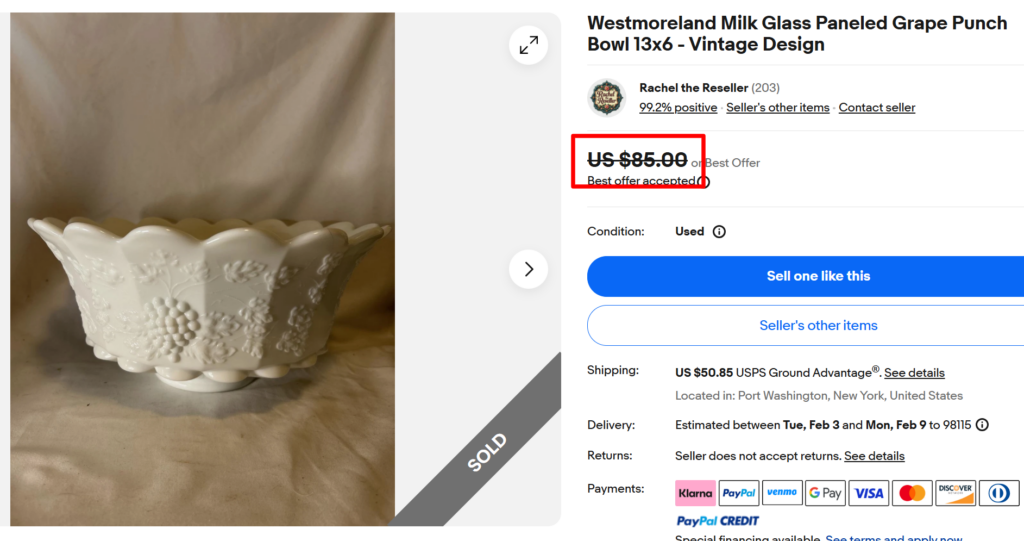 Westmoreland Paneled Grape Milk Glass Punch Bowl