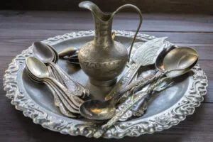 old-vintage-silver-kitchen-equipment-utensil-tableware-silverware-with-ornament-pattern