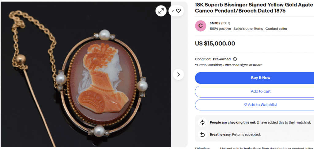 Bissinger Signed Yellow Gold Agate Cameo Brooch