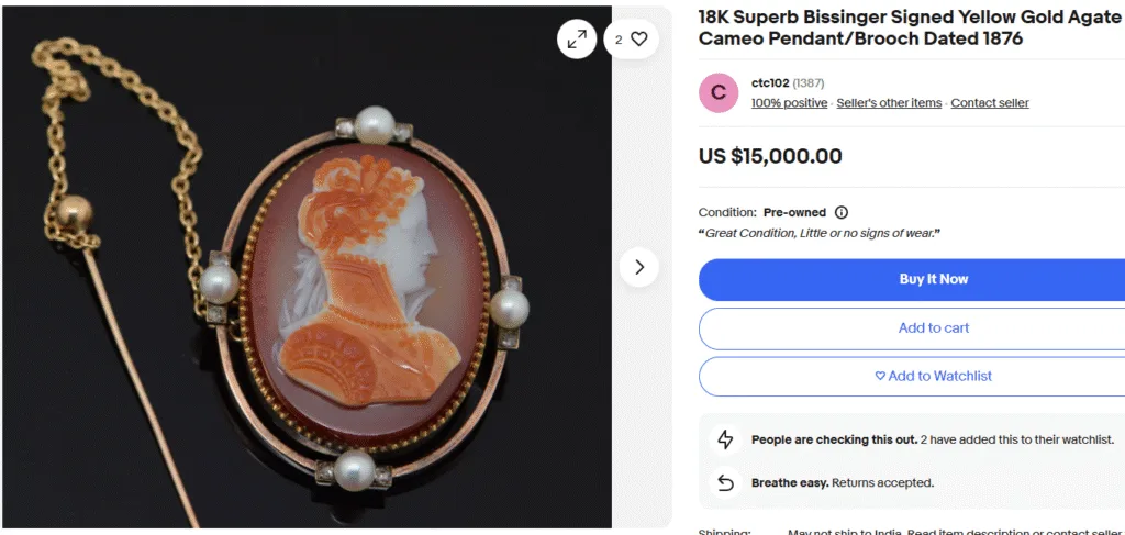 Bissinger Signed Yellow Gold Agate Cameo Brooch