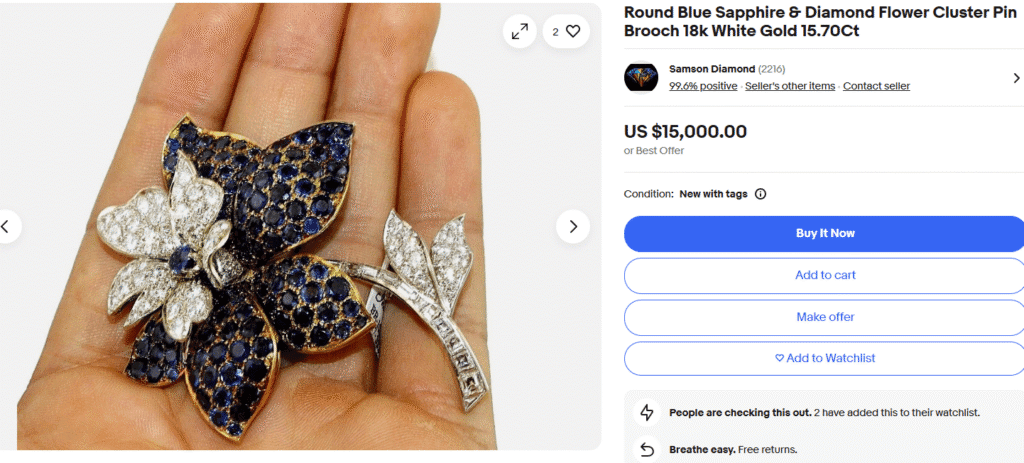 Blue Sapphire and White Gold Brooch
