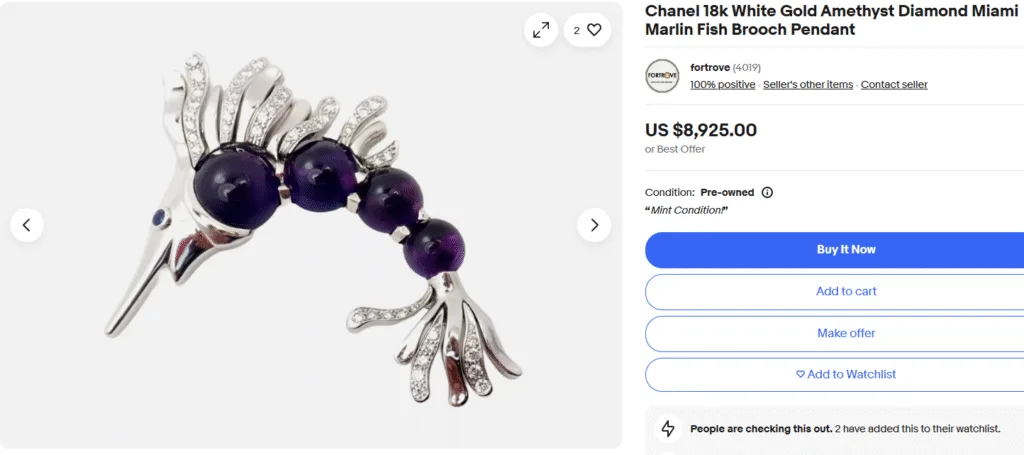 Chanel White Gold Amethyst Diamond Miami Marlin Fish Brooch