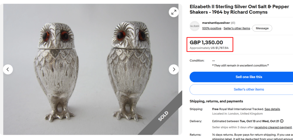Elizabeth II Sterling Silver Owl Salt & Pepper Shakers