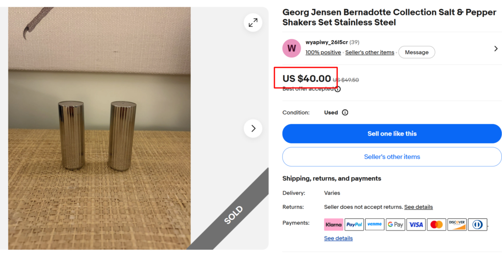 Georg Jensen Denmark Bernadotte Salt Pepper Shakers&nbsp;