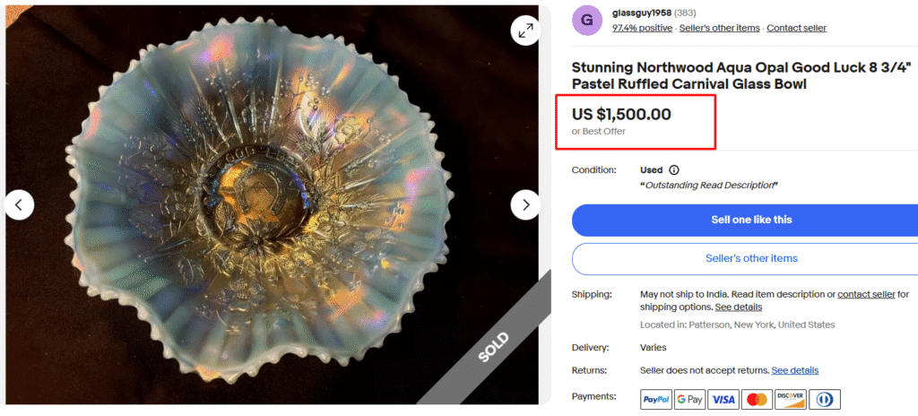 Northwood Aqua Opal Good Luck Carnival Glass Bowl