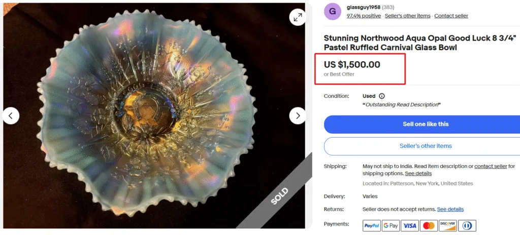 Northwood Aqua Opal Good Luck Carnival Glass Bowl