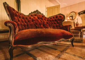 Antique Sofa with Metal Frames and Velvet Upholstery