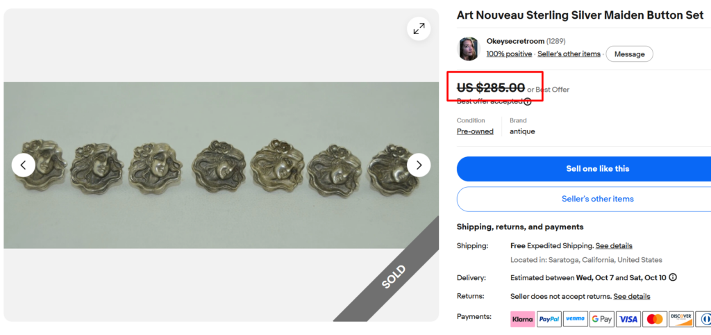 Art Nouveau Sterling Maiden Button Set