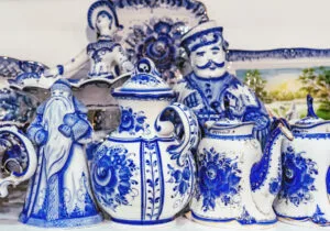 Group of Old Gzhel Pottery Vases & Figurines