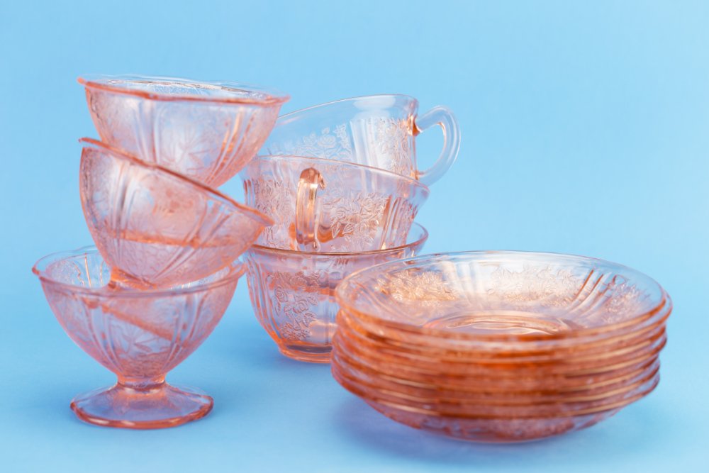 Pink Depression Glass Teacups, Goblets, and Saucers