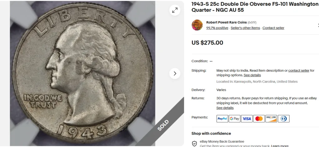 1943 S Quarter Double Die