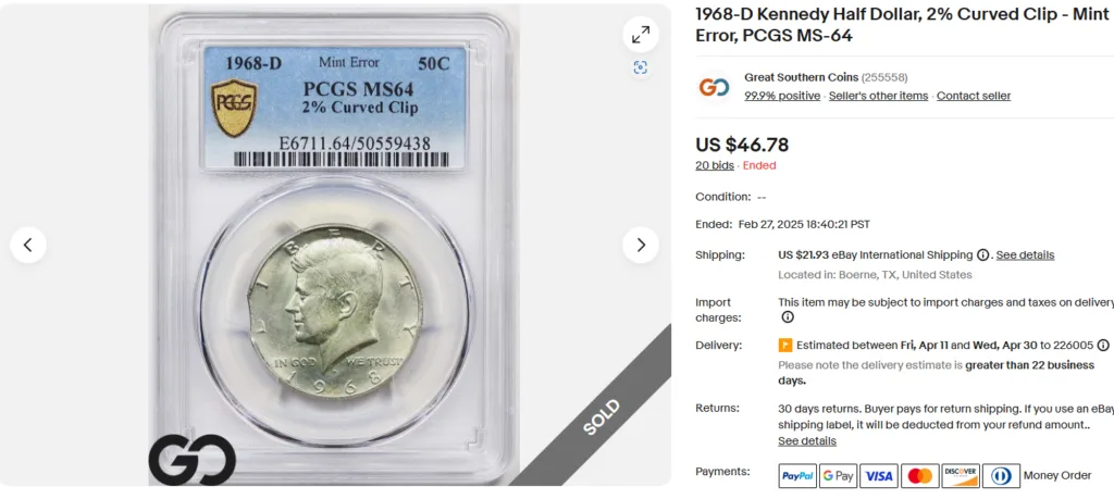 1968 Kennedy Half Dollar with Curved Clip Error