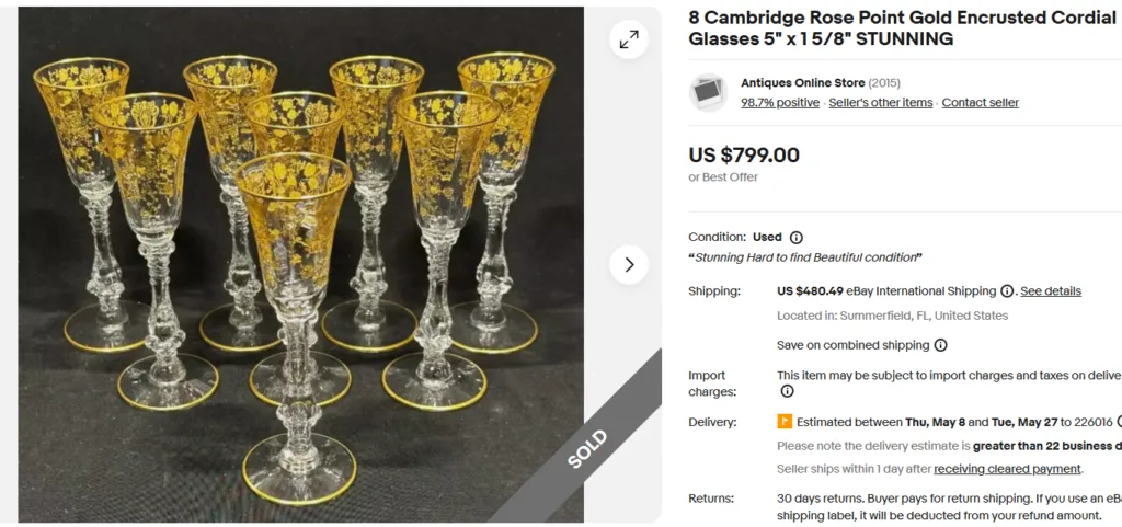 Cambridge Rose Point Gold Encrusted Cordial Glasses