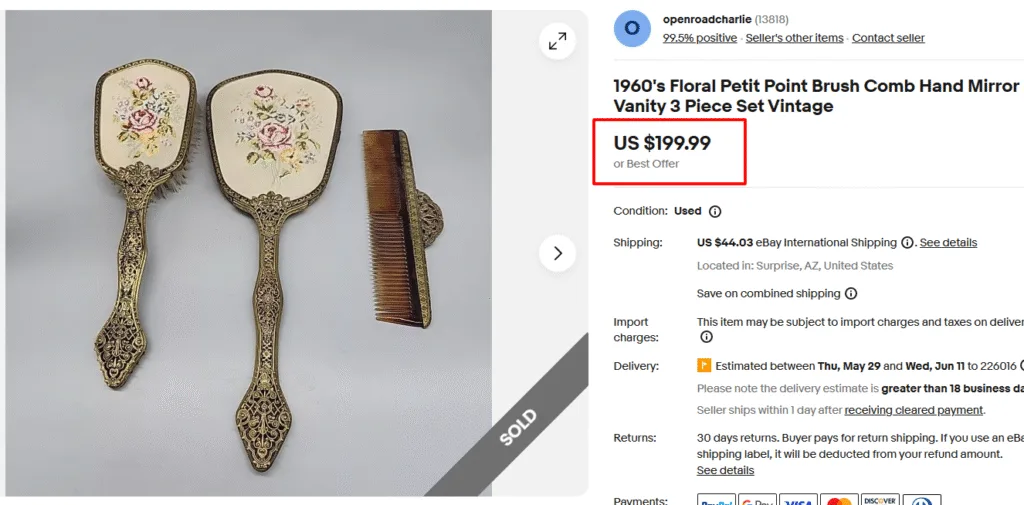 1960's Floral Petit Point Brush Comb Hand Mirror