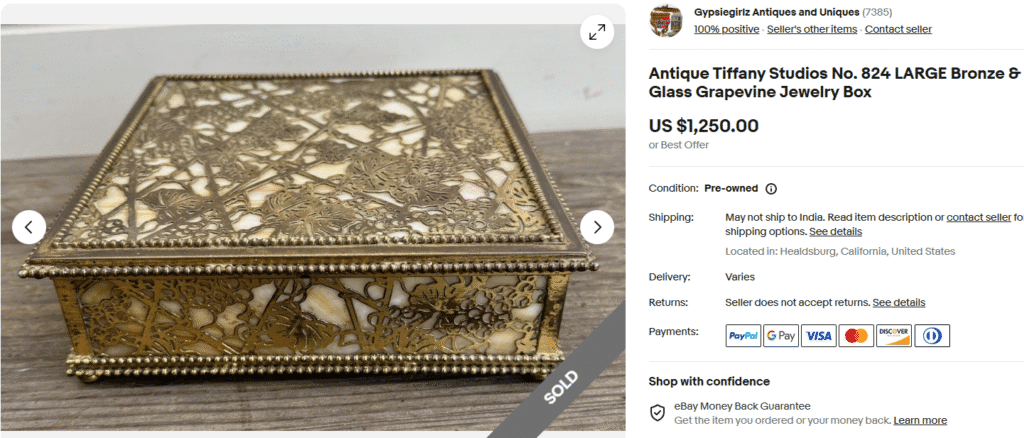 Antique Tiffany Bronze & Glass Grapevine Jewelry Box
