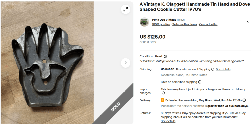K. Claggett Tin Hand and Dove Cookie Mold