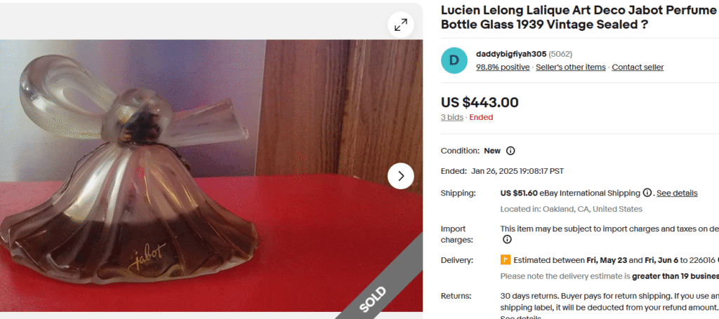 Lucien Lelong Lalique Art Deco Jabot Perfume Bottle