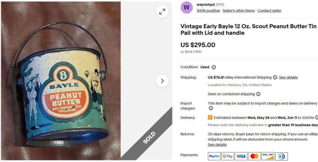 Vintage Bayle Peanut Butter Tin Pail