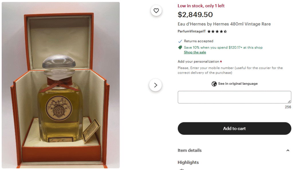 Vintage Hermès “Eau d’Hermès” Perfume Bottle