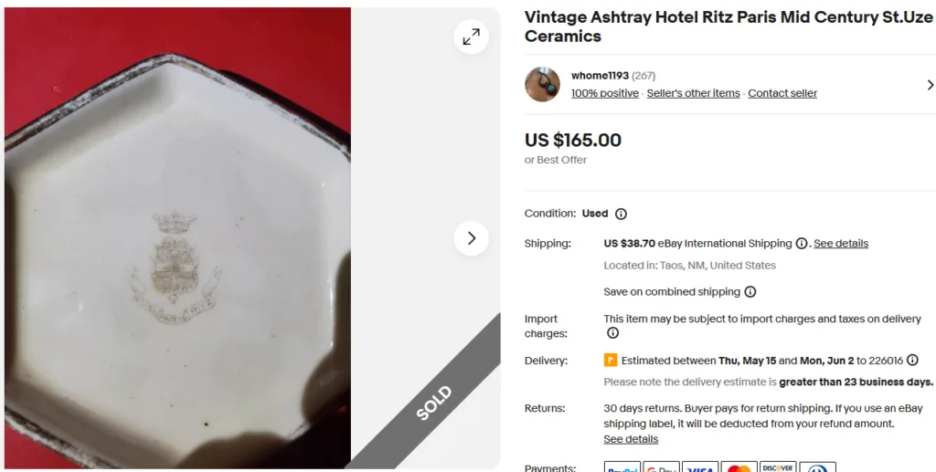 Vintage Hotel Ritz Paris Ashtray