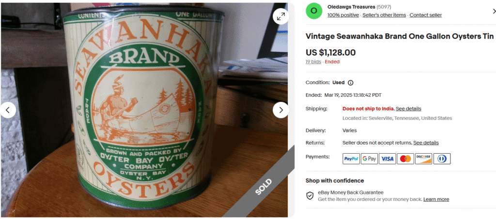 Vintage Seawanhaka Brand One Gallon Oysters Tin