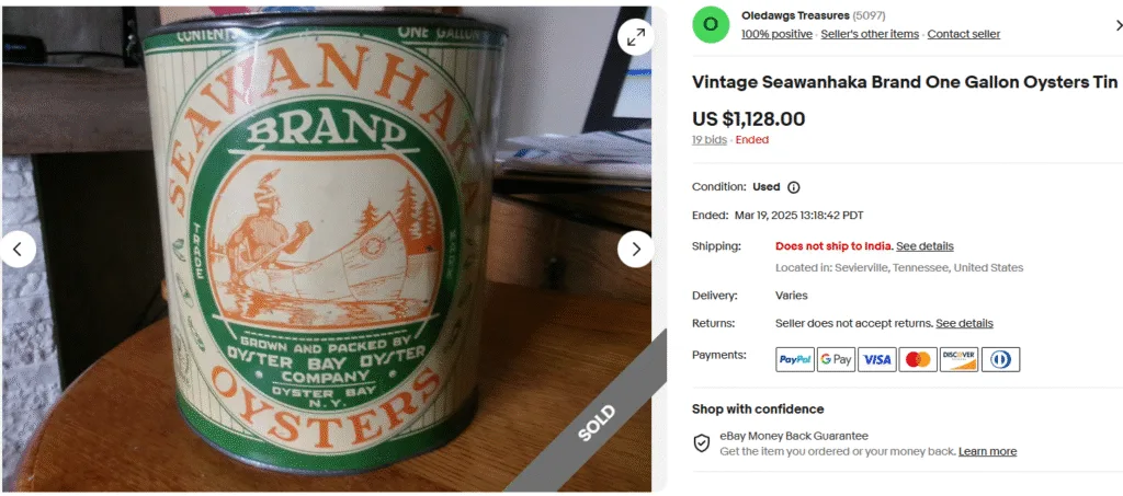 Vintage Seawanhaka Brand One Gallon Oysters Tin