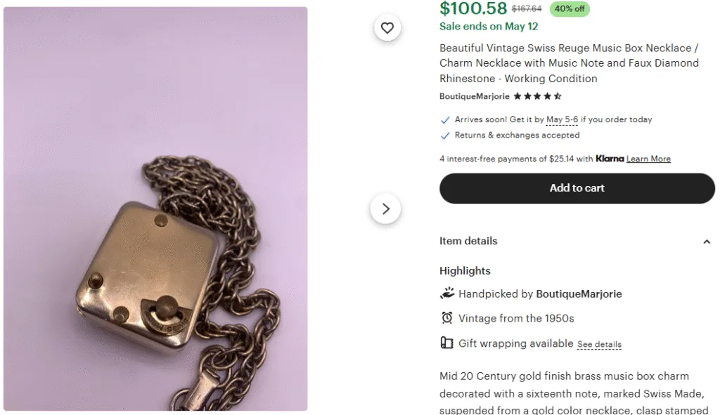 Vintage Swiss Reuge Music Box Locket Necklace
