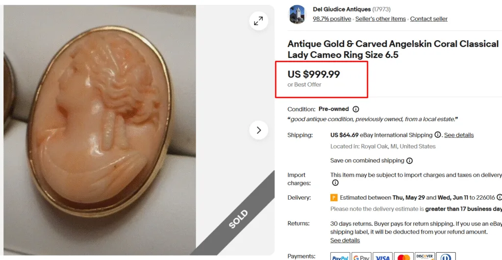 Antique Coral Classical Lady Cameo Ring