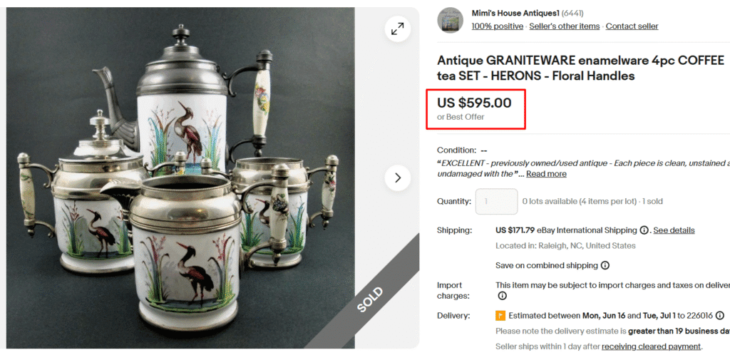 Antique Graniteware Enamelware Herons Tea Set