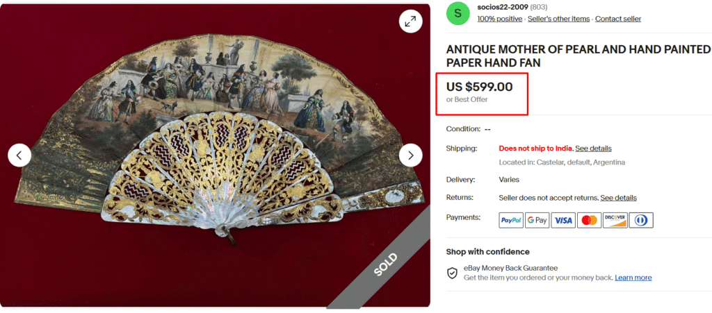 Antique Mother of Pearl and Hand-painted Paper Fan