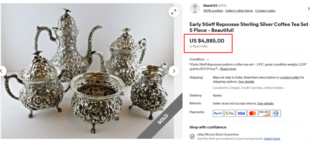 Early Stieff Repousse Sterling Silver Coffee Tea Set