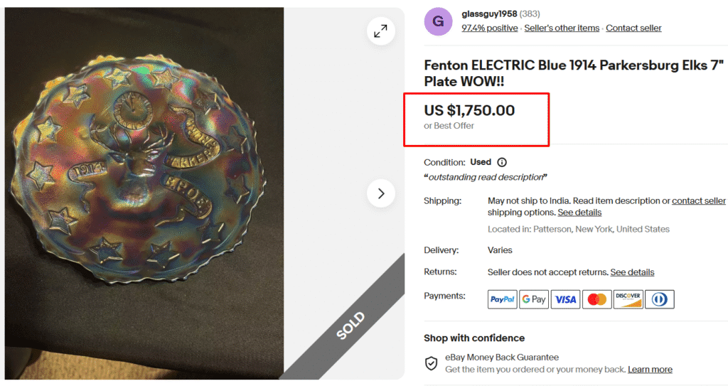 Fenton Electric Blue Parkersburg Elks Carnival Glass Plate