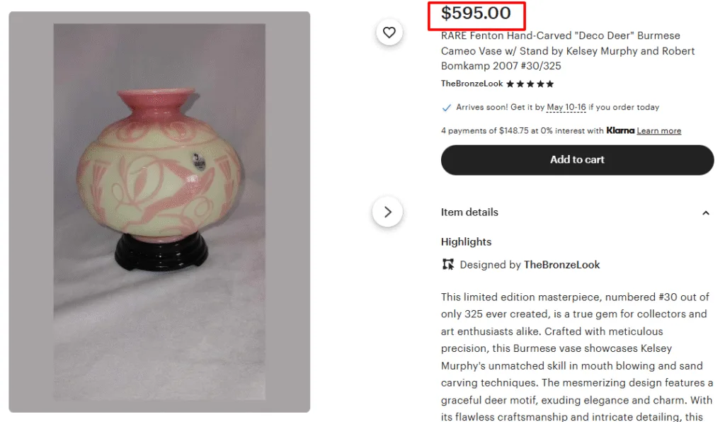Fenton Hand Carved Deco Deer Vase