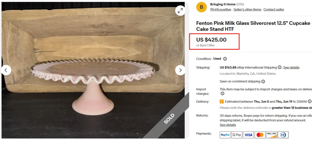 Fenton Pink Milk Glass Silver crest Cake Stand
