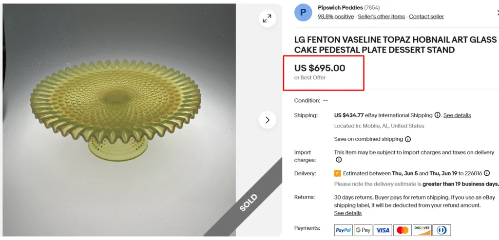 Fenton Vaseline Topaz Hobnail Art Glass Cake Stand