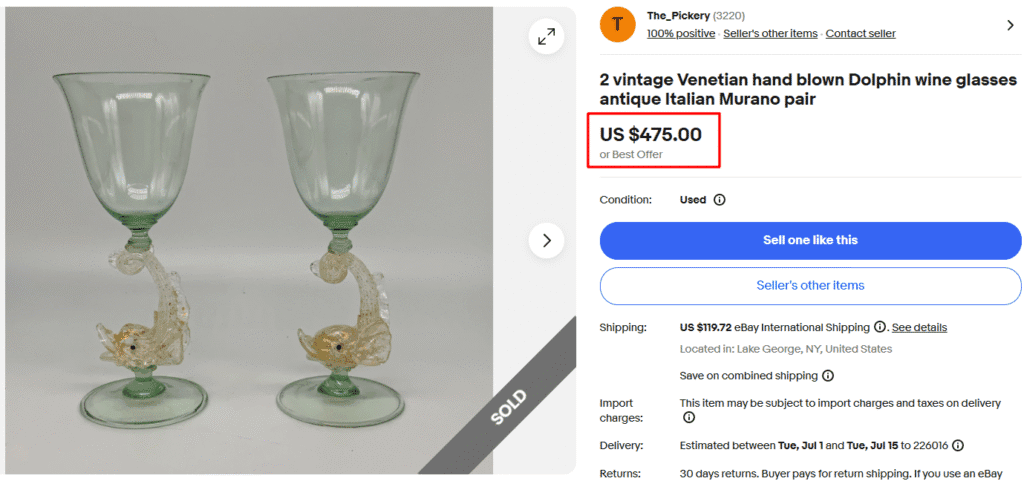Murano Venetian Hand Blown Dolphin Wine Glasses