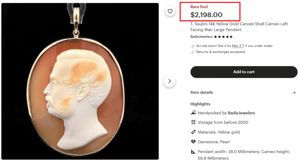 Tomaso Saulini Gold Carved Shell Cameo Pendant