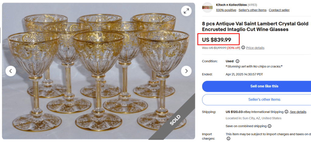 Val Saint Lambert Crystal Gold Encrusted Intaglio Cut Wine Glasses