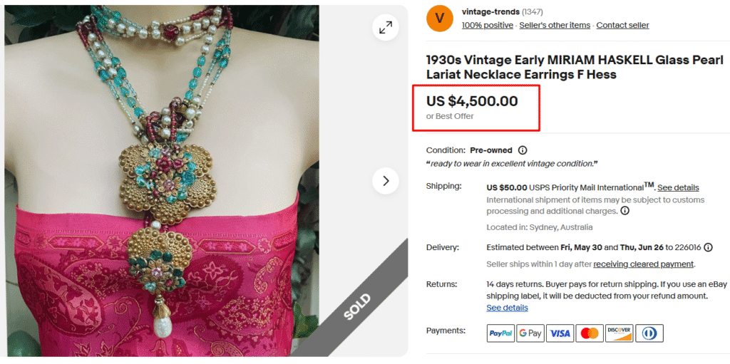 Vintage Early Miriam Haskell Glass Pearl Lariat Necklace