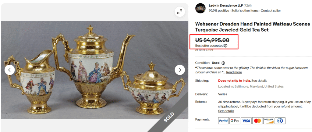 Wehsener Dresden Watteau Scenes Gold Tea Set