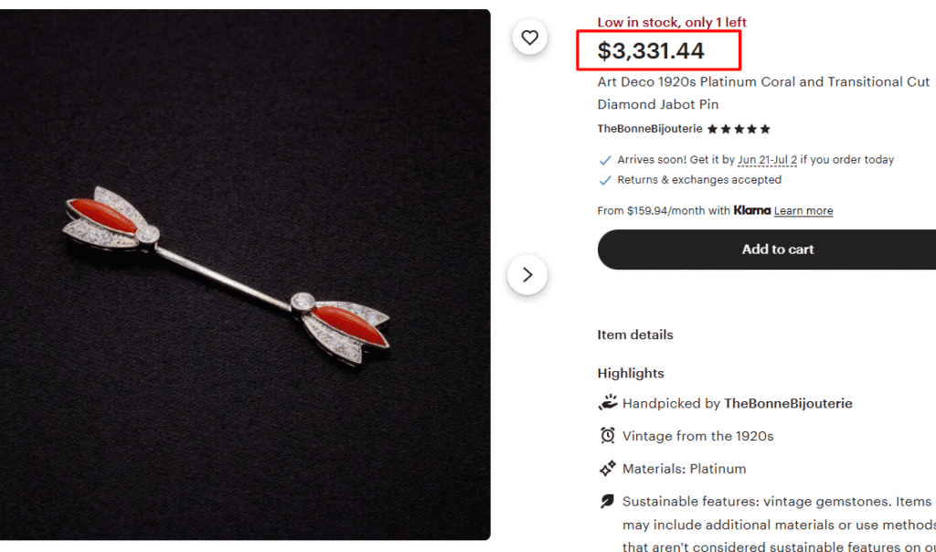 1920s Platinum Coral & Transitional Diamond Jabot Pin