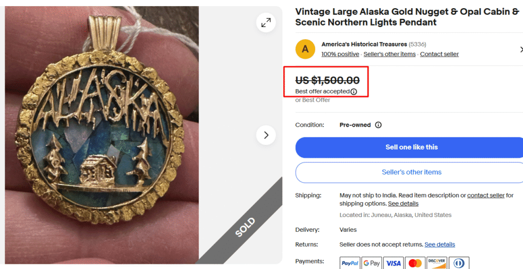 Alaska Gold Nugget & Opal Cabin & Scenic Northern Lights Pendant