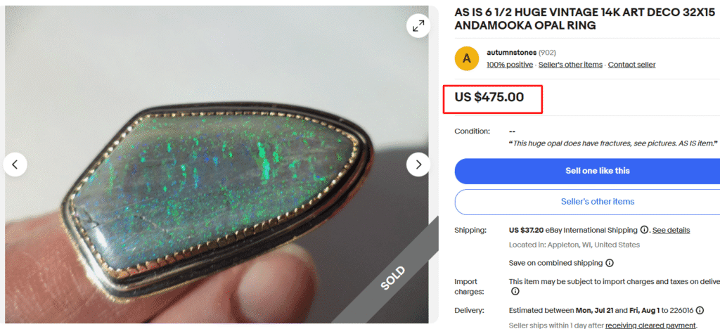 Art Deco 14K Andamooka Opal Ring