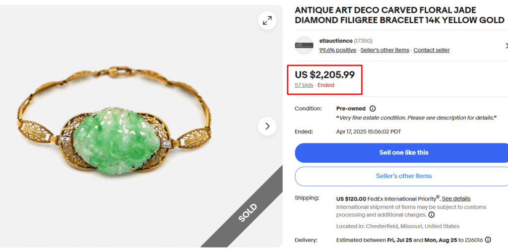 Art Deco Carved Floral Jade Yellow Gold Bracelet