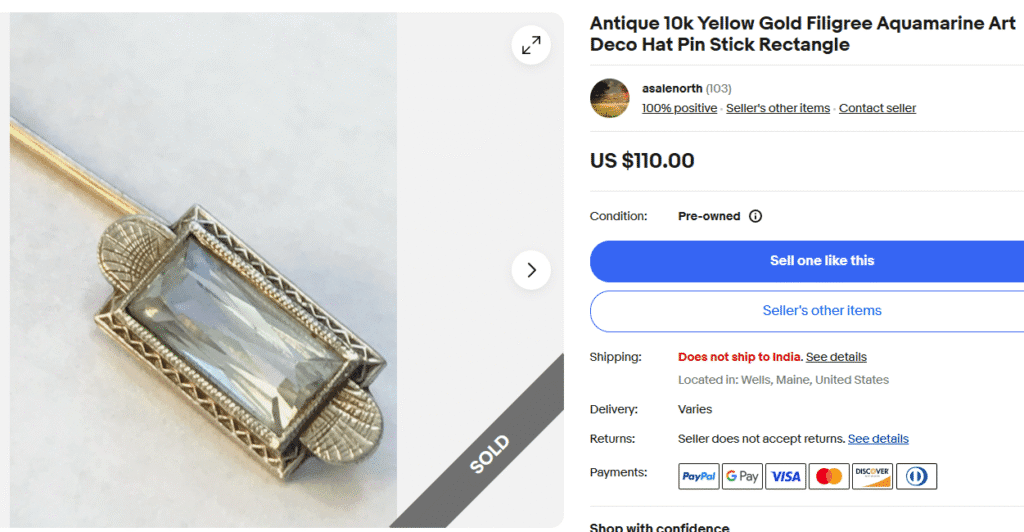 Art Deco Yellow Gold Aquamarine Hat Pin
