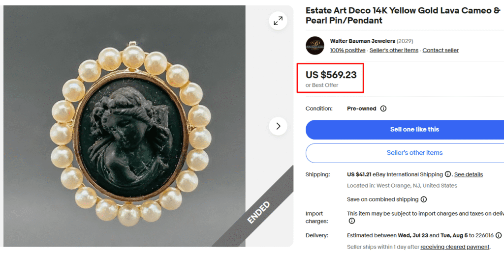 Art Deco Yellow Gold Lava Cameo & Pearl Pin