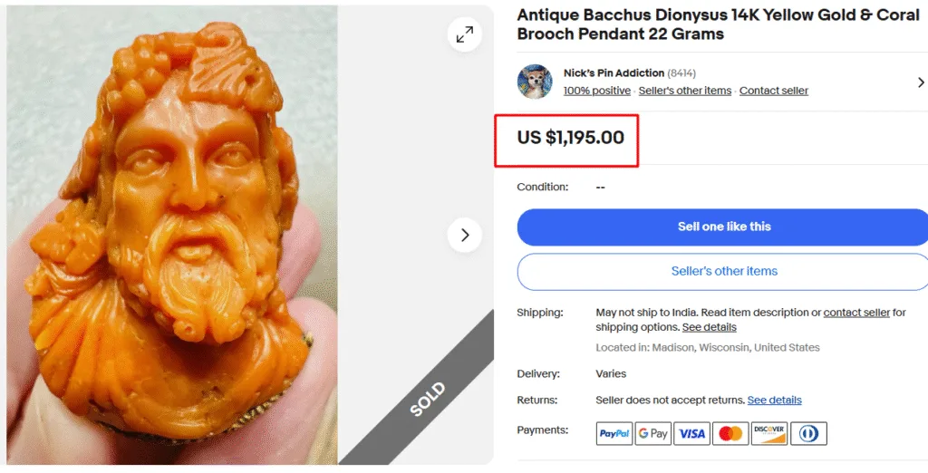 Bacchus Dionysus Gold & Coral Brooch