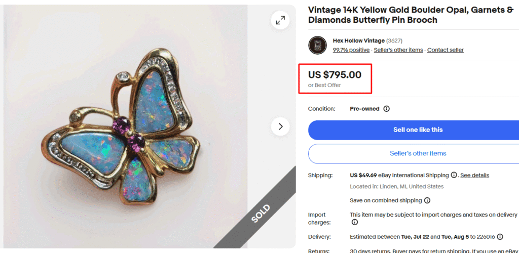 Boulder Opal, Garnets & Diamonds Gold Butterfly Pin